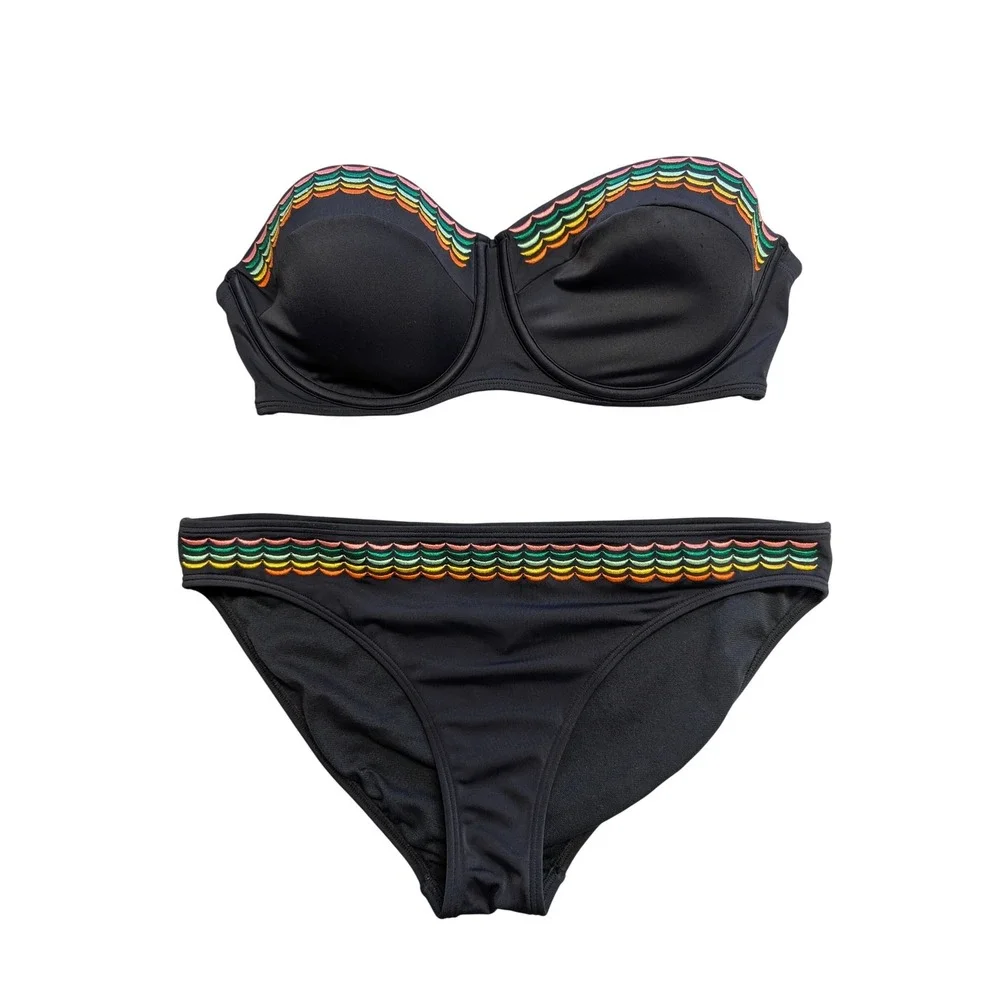Boden Bikini SET Samos Cup-Size Top 36DD Matching Bottoms‎ Navy Embroidery 10